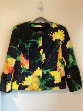Escada Tweed Textured Cropped Jacket Blazer Womens Size 38 Black Yellow Floral